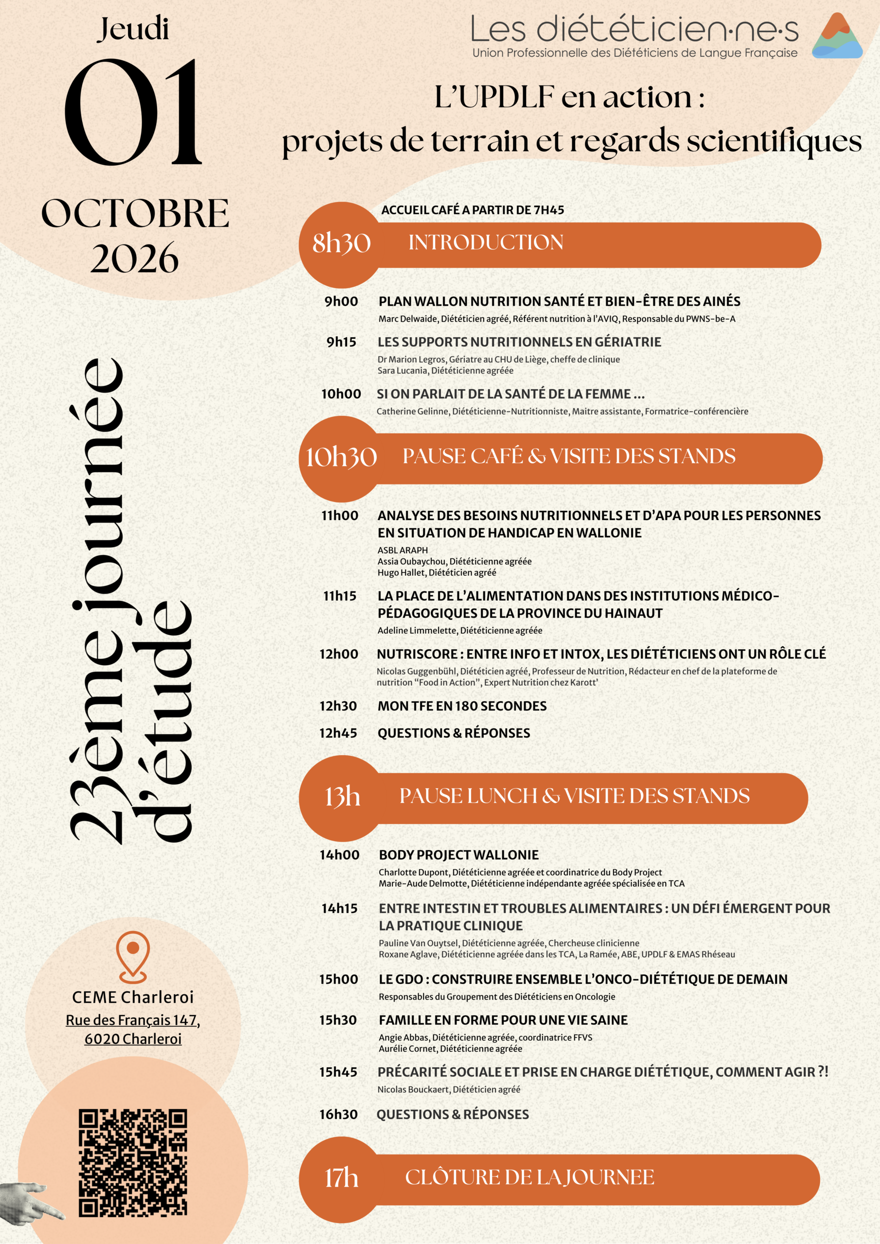 Programme de la 23e Journée d’étude de l’UPDLF, le 1er octobre 2026 au CEME de Charleroi