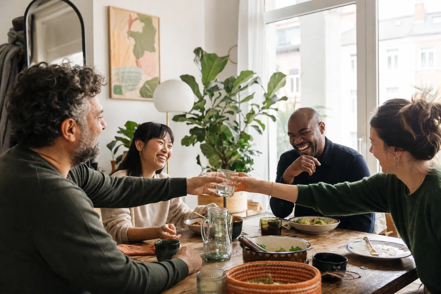 Quatre amis partagent un repas et un moment de rire dans un appartement lumineux.