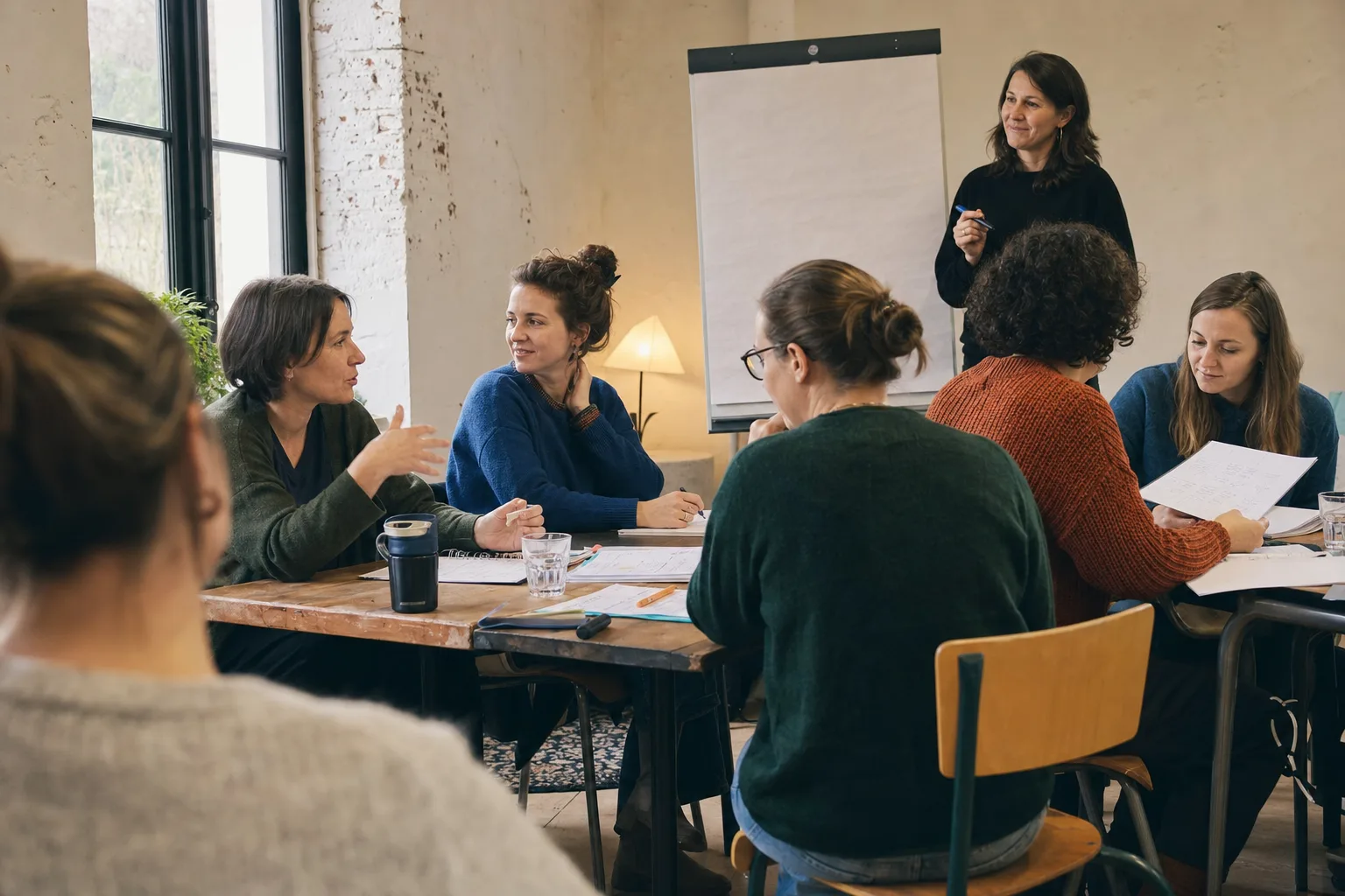 Des diététiciennes participent à un atelier professionnel autour de documents de travail.