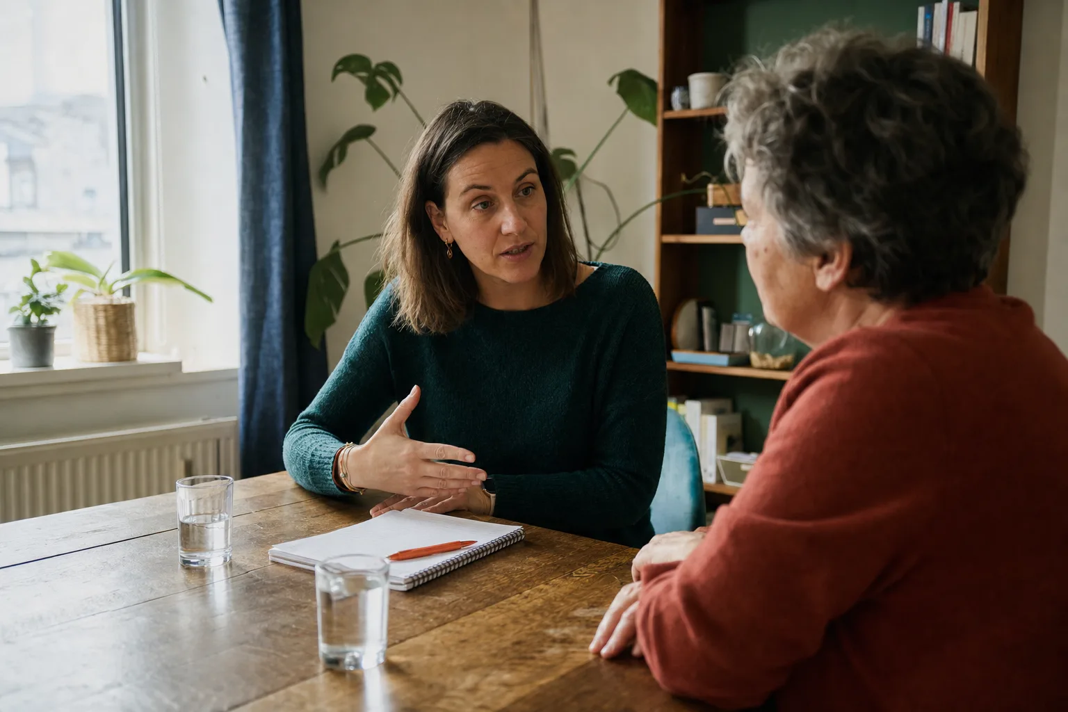 Une diététicienne échange avec une personne autour d’une table dans un cabinet lumineux.