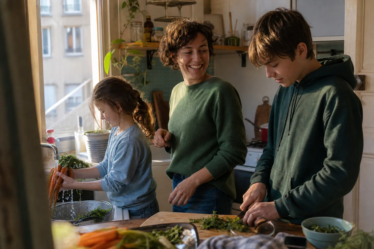 Un parent et deux enfants préparent ensemble un repas dans une cuisine familiale.
