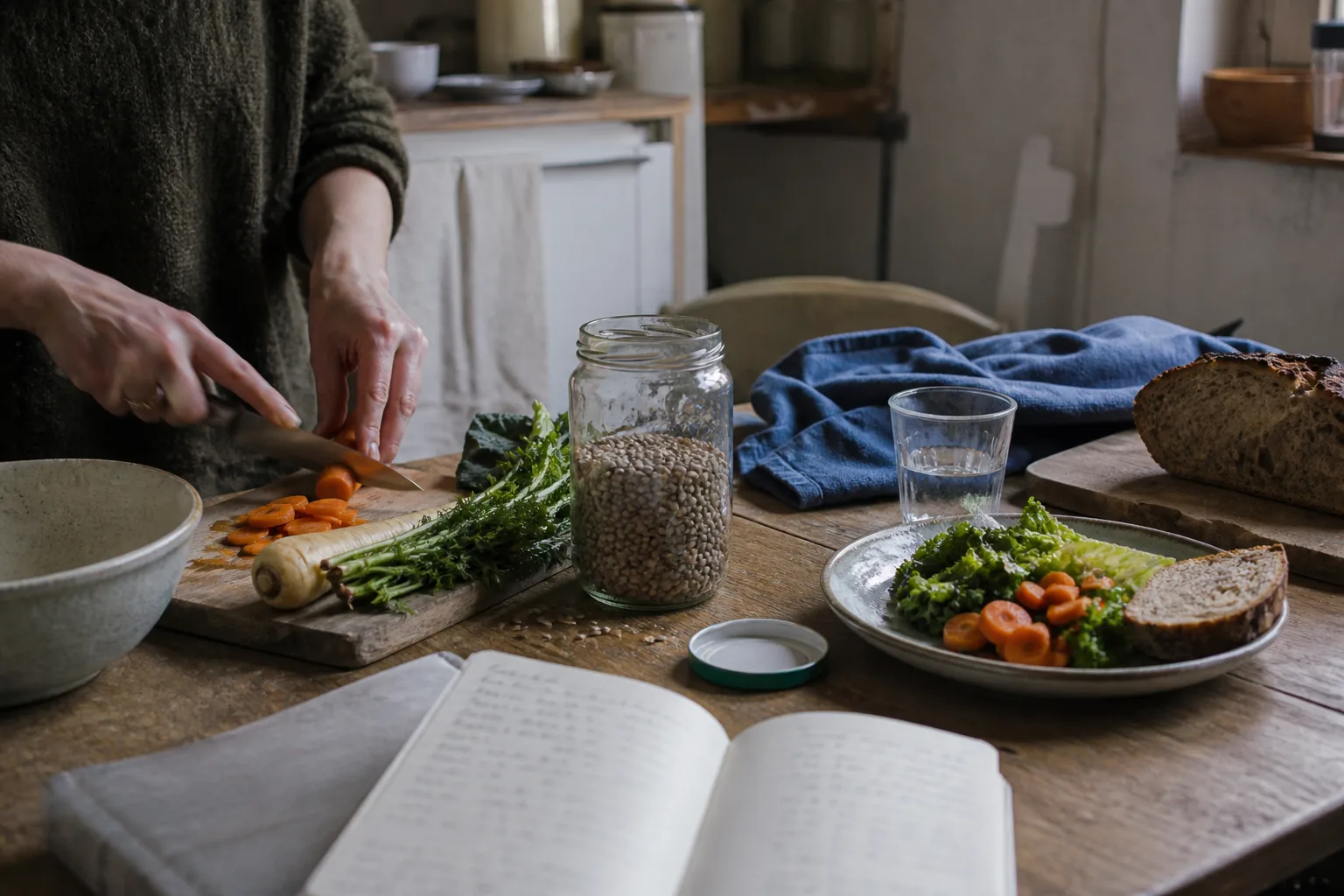 Préparation d’un repas simple avec des légumes, du pain, des lentilles et un carnet.
