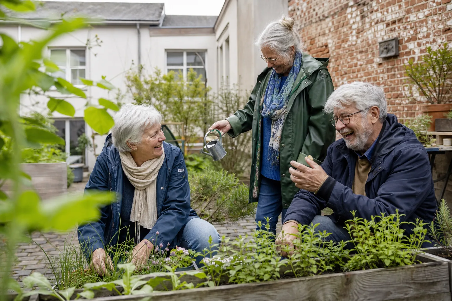 Trois personnes âgées jardinent et échangent dans une cour végétalisée.