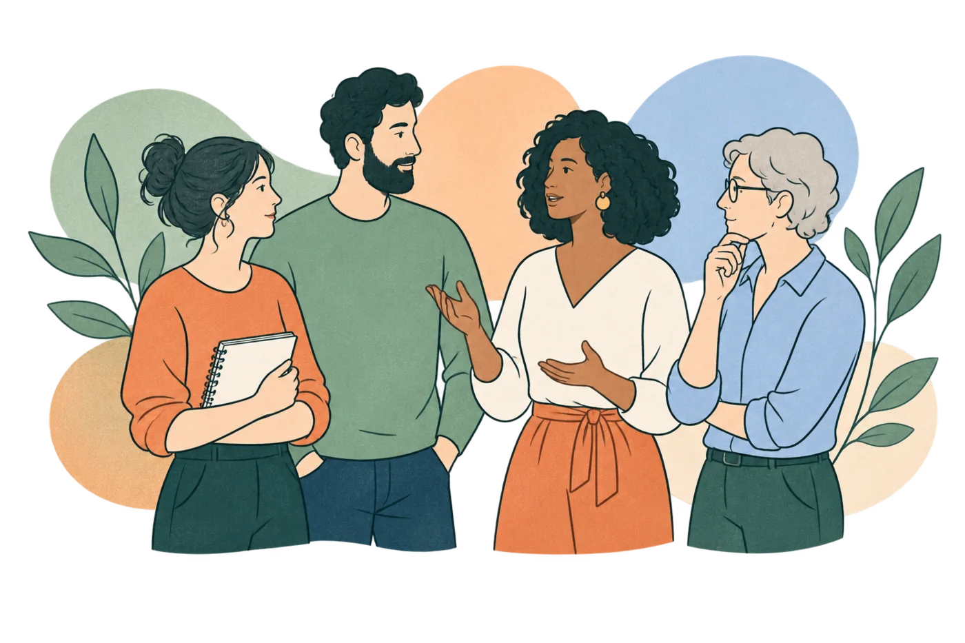 Illustration de quatre professionnel·les échangeant au sein d’un groupe.