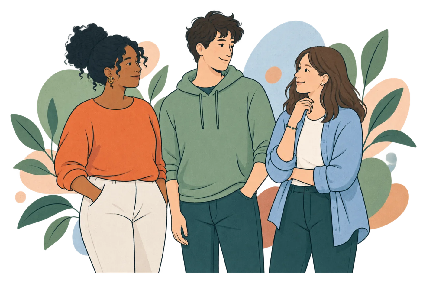 Illustration de trois jeunes adultes réunis dans un cadre inclusif et bienveillant.