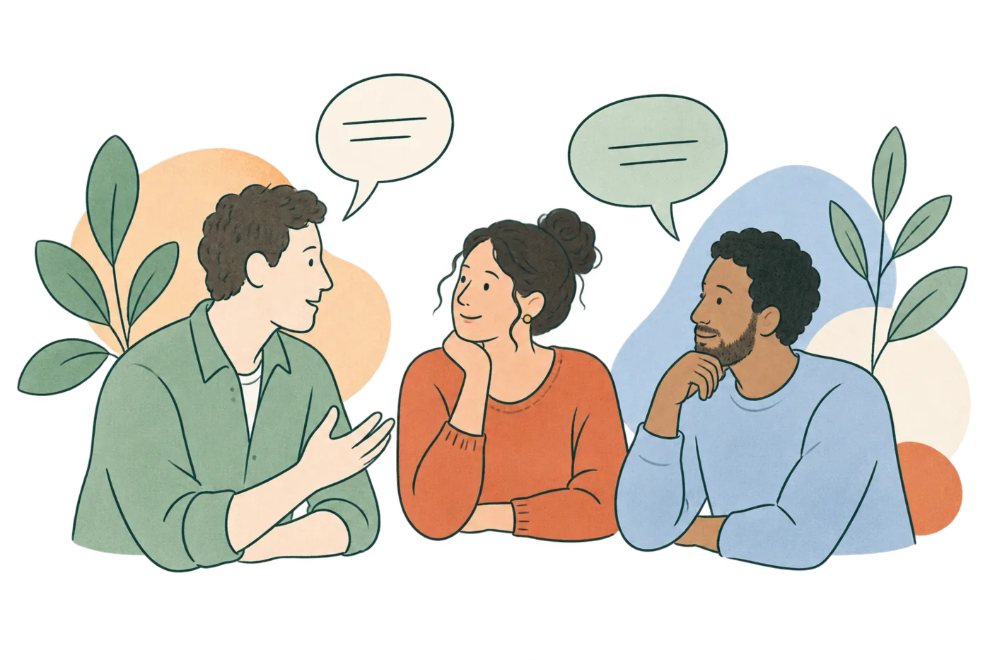 Illustration de trois personnes échangeant calmement.