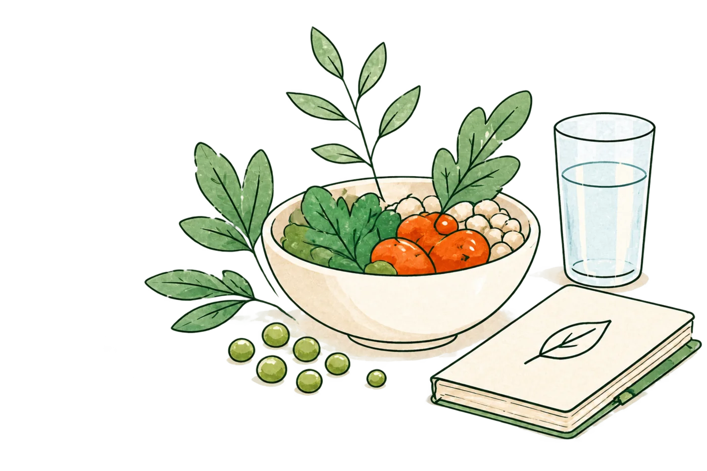 Illustration d’un bol de légumes et de légumineuses, d’un verre d’eau et d’un carnet.