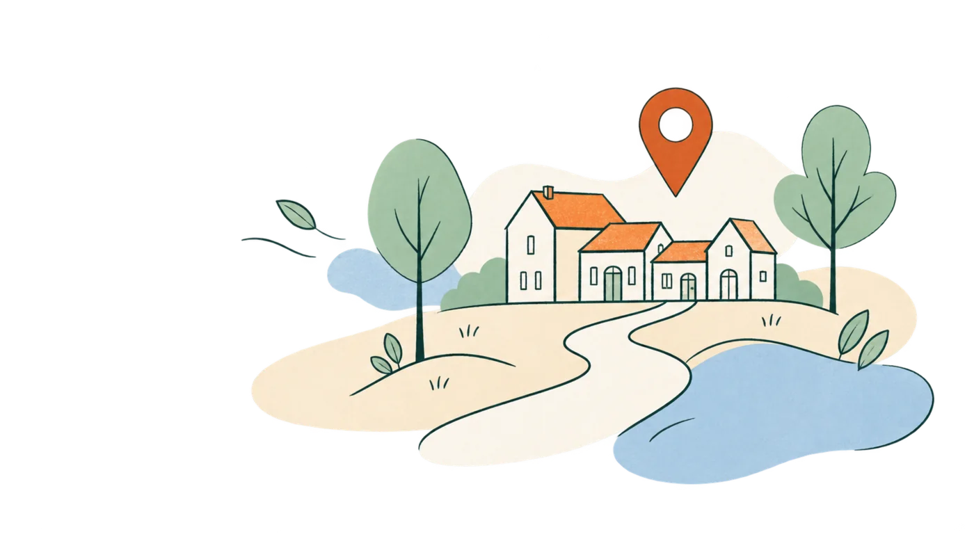 Illustration d’un chemin menant vers des maisons, entouré d’arbres et d’un repère de localisation.